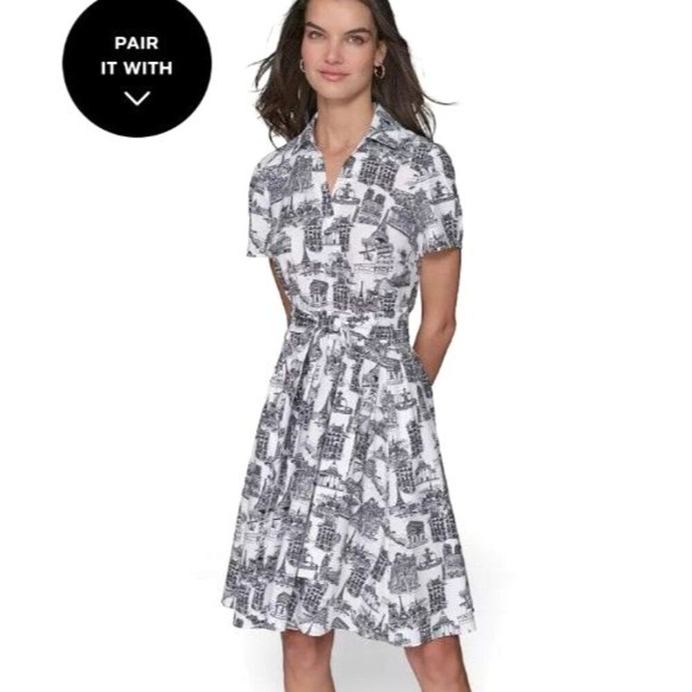 KARL LAGERFELD Paris Sketch ShirtDress Black White Button Up Belted Size 2